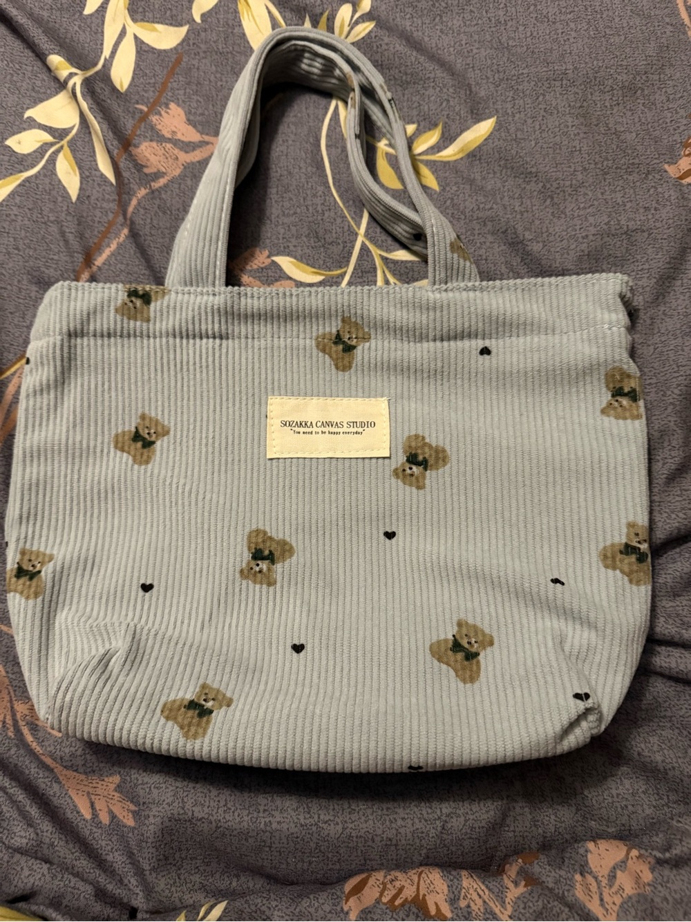 SOZAKKA Canvas Studio Light Gray Corduroy Tote with Bear Print